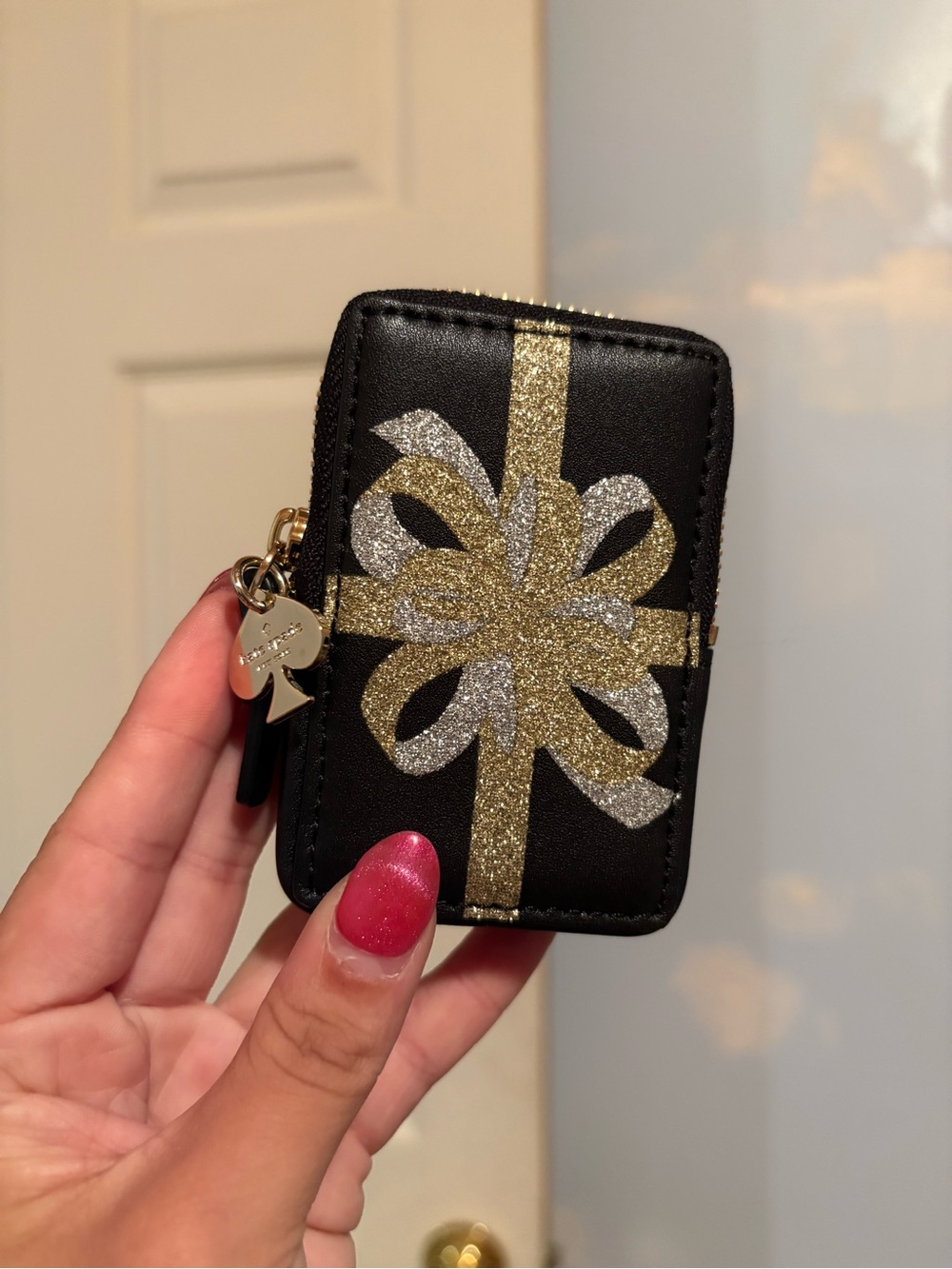 Kate Spade Storybook Rare Present Gold Glitter Bow Coin Pouch “you deserve it”